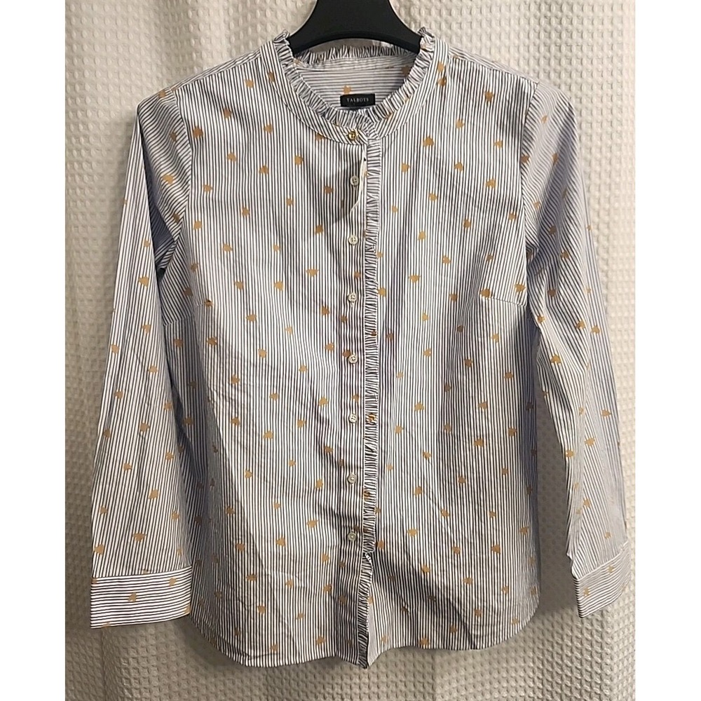 Talbots Heart print Striped Ruffled button top blouse Poplin Size Sz Large Lg L